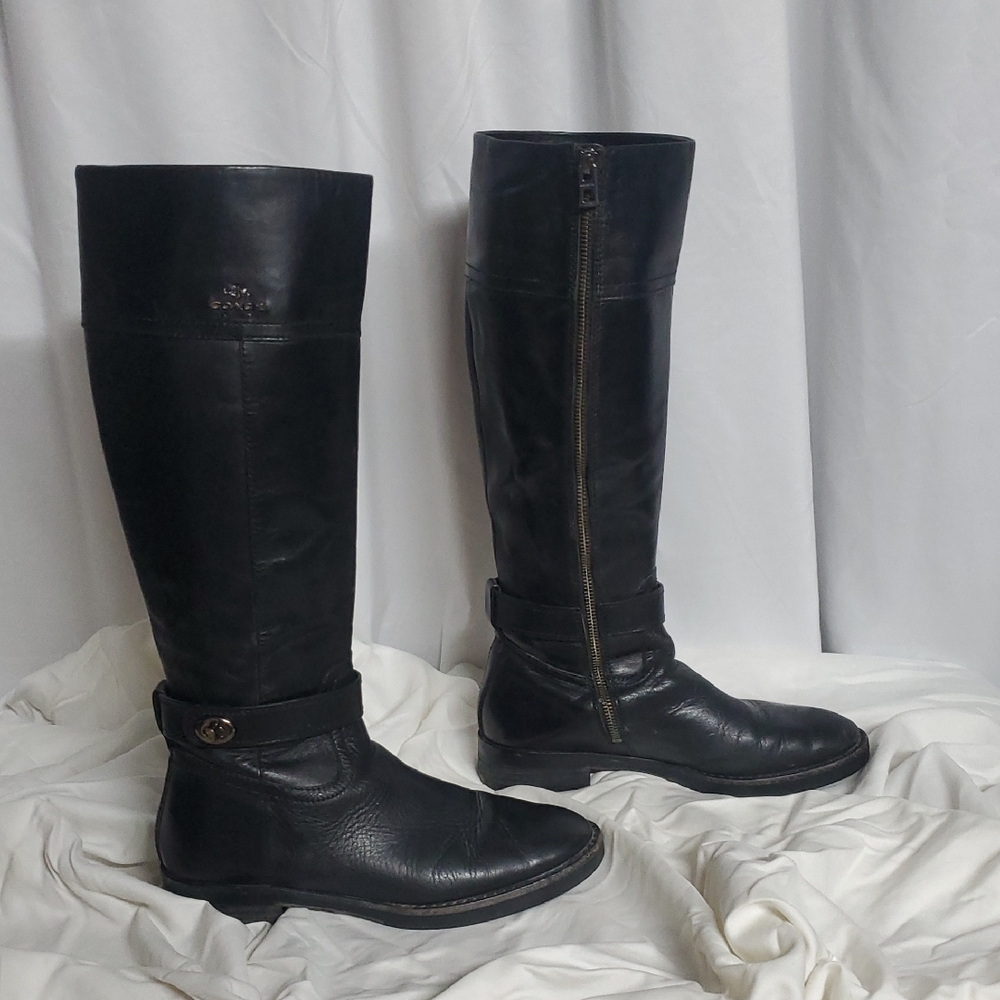 Coach EVA Women's Size 7.5 Black Leather Boots, 16.5" Tall, 1" Heel